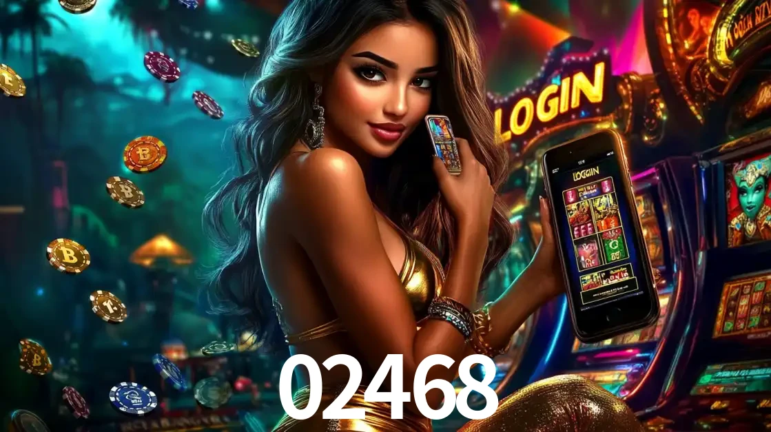 Mulher em um cenário de cassino temático de aventura, mostrando o app de caça-níqueis da 02468 no celular. Fichas de apostas flutuam ao redor.